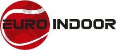 Logotipo de Euro Indoor con una pelota de tenis roja que contiene un mapa de Europa estilizado y el texto 'EURO INDOOR' en negro y rojo.