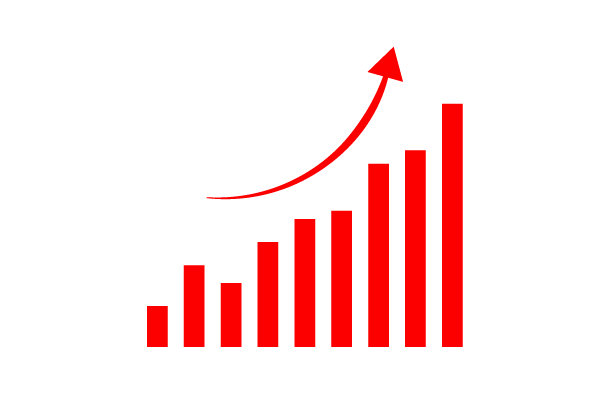 Gráfico de barras en ascenso con una flecha curva roja apuntando hacia arriba, representando el crecimiento y la escalabilidad empresarial.